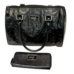 Disney Boutique Mickey & Minnie Mouse Black Faux Leather Barrel Satchel & Wallet